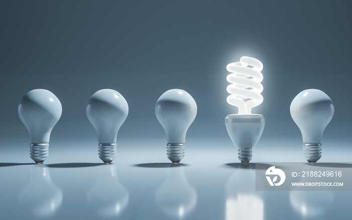 One glowing compact fluorescent lightbulb standing. 3D rendering.