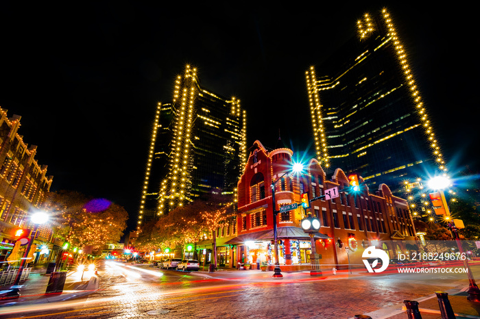 Texas Street at Night Downtown Fort Worth, Texas, USA,