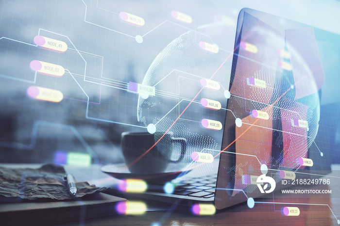Multi exposure of table with computer and world map hologram. International data network concept.
