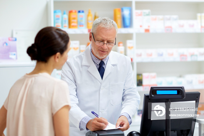 senior apothecary with prescription at pharmacy