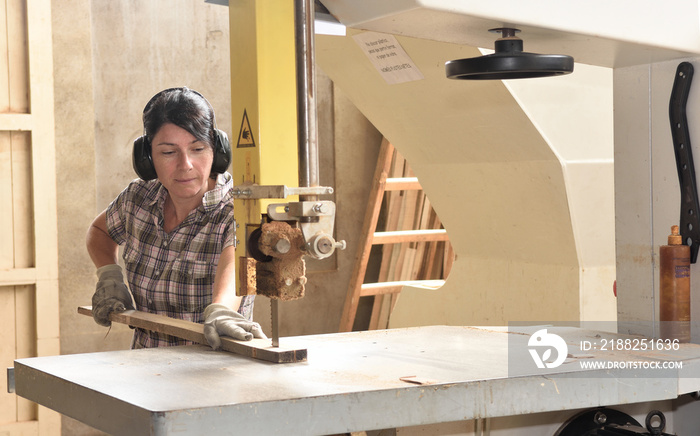 a woman working in a carpentry workshop, sawing band