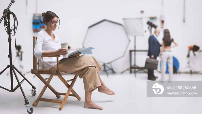 Actress reading the script in the film studio