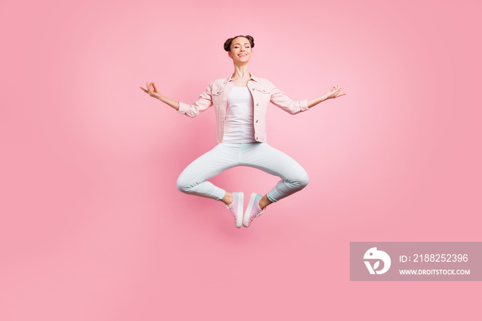 Full length body size view portrait of her she nice attractive charming lovely slender careless cheerful cheery girl practicing yoga class isolated over pink pastel background