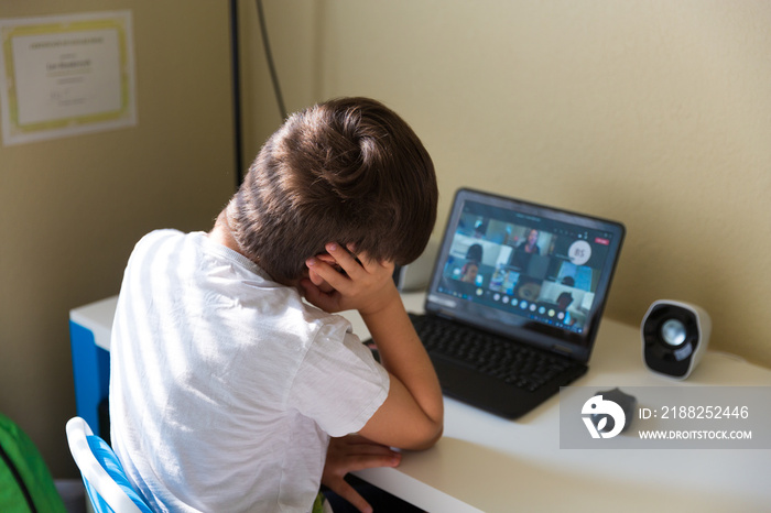 Boy student having a video call with his classmates