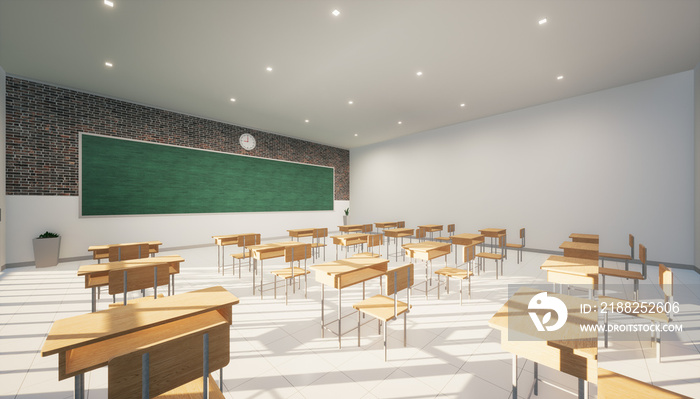 3d rendering of classroom. Interior room consist of tile floor, board or chalkboard and furniture i.e. desk or table, chair for teacher and student to teach, study and training. Education background.