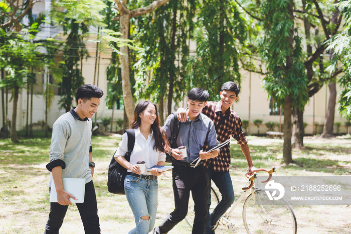 Asian student group, Happy young university students, First Day Of Back to education knowledge college concept.