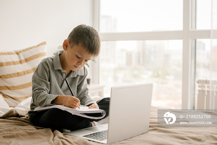 Boy student studing from home using laptop for distance study. Cute boy writing in a workbook