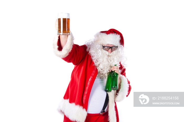 Funny Santa Claus drinks beer.