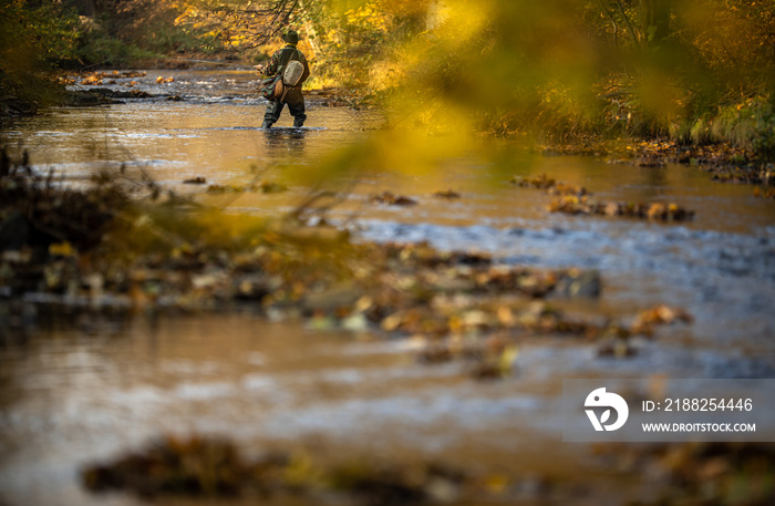 Fly fisherman working the line and the fishing rod while fly fishing on a splendid mountain river for rainbow trout