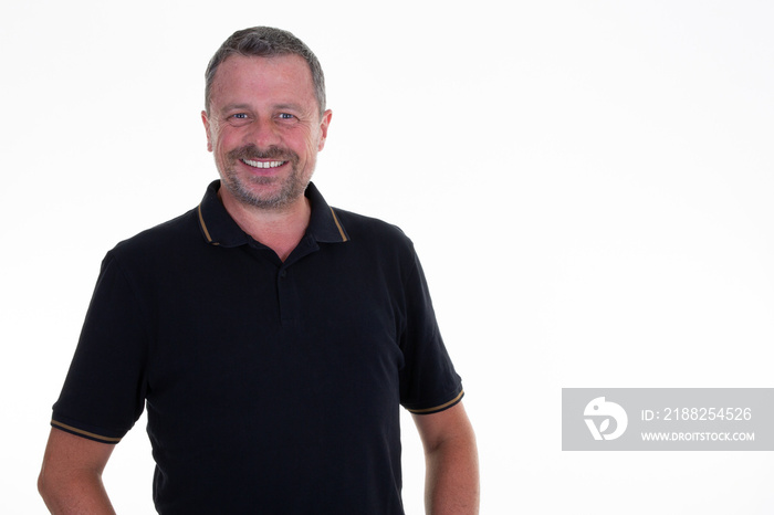 Portrait of smiling middle aged man handsome standing on white background