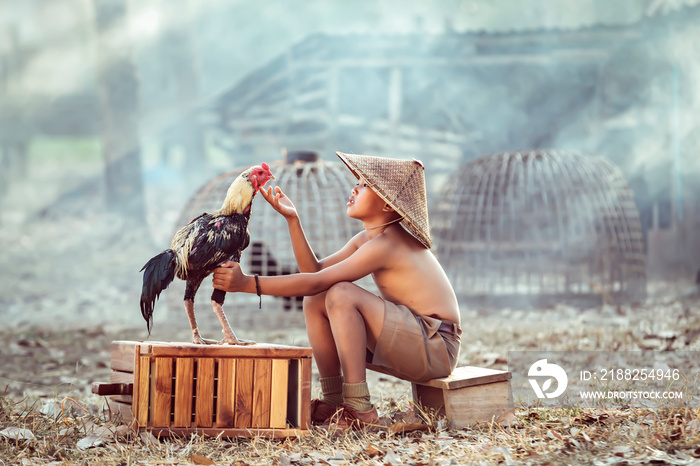 Boys, Thai farmer children playing with gamecocks Which is his pet Was remembered after returning from a rural schoo