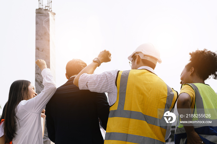 Team Construction or engineering group and worker. Teamwork and determination to succeed. Safety hard hat to prevent accident while working Transport and Container Team. Concept Restart and new Normal