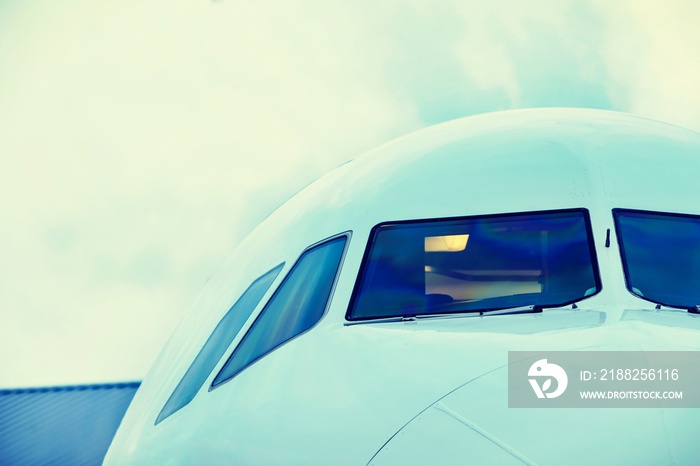 Close up of aircraft cockpit in airport