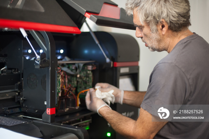 Closeup view of electrical engineer operator repairs industrial printer plotter