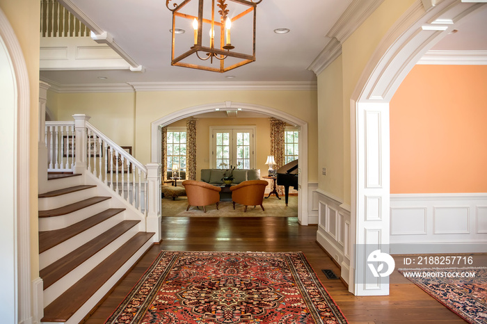 high angle view of corridor hallway with hardwood floors and stair and waincot and copy space