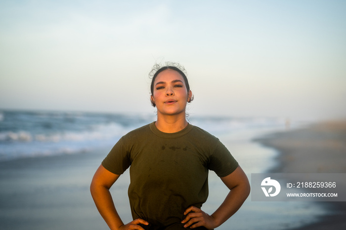 Marine veteran trains every morning on the beach to stay in shape just like when she was on active duty.