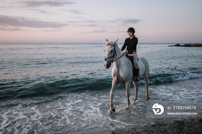 white horse with female rider rides the beach at dusk