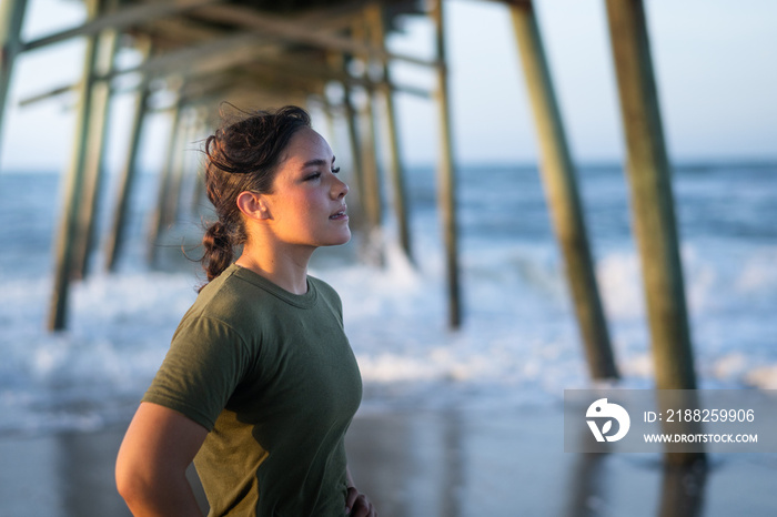 Marine veteran trains every morning on the beach to stay in shape just like when she was on active duty.