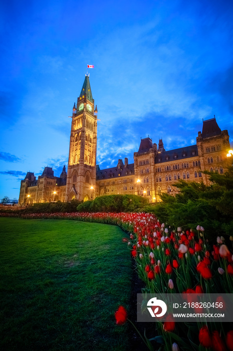 Canada parliament building and centennial flame fountain in Ottawa during blue hour