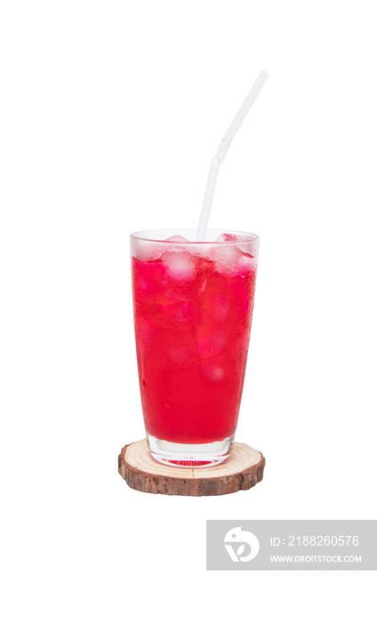 Red nectar Isolated on cutout PNG. Summer sweet iced drink red in glass tall with straw drink. Red nectar quenches thirst, Water is mixture of red sugar, Placed on small brown wooden chopping board.