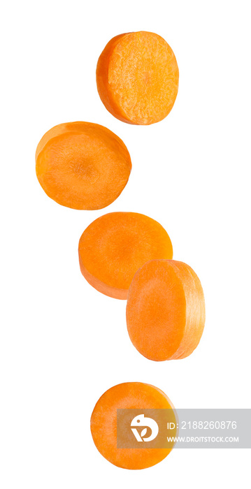 Isolated cut carrot fruits in the air