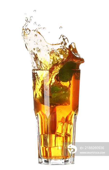 Glass of tasty cold ice tea with lemon on white background