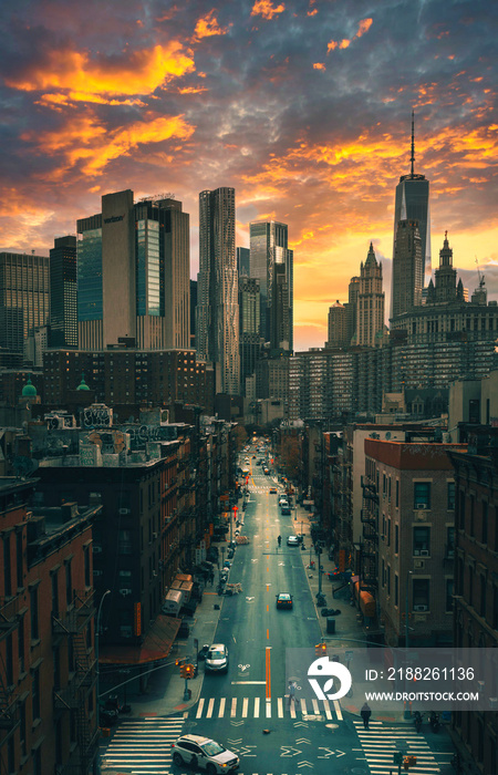 city skyline at sunset street New York urban beautiful view buildings traffic people colors sky road travel vacation manhattan cute