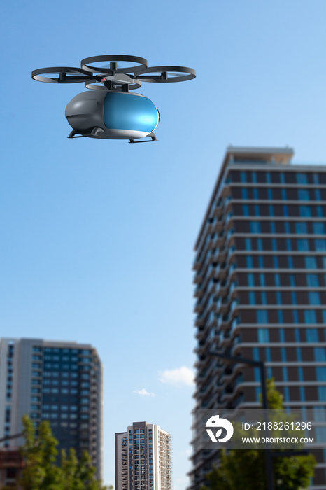 transportation drone flying next to buildings