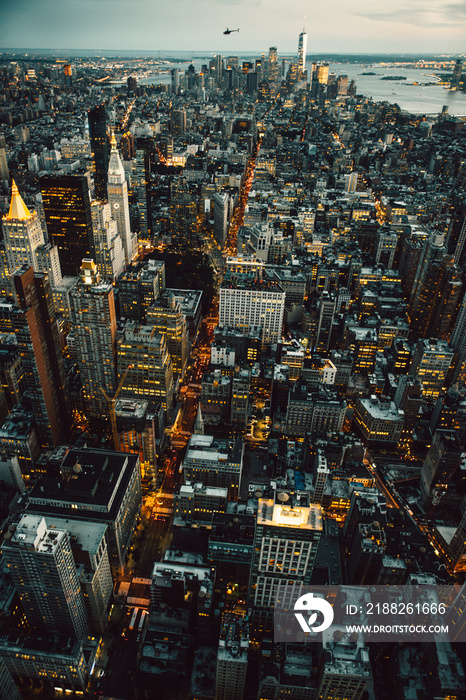 Manhattan New York City buildings lights aerial top view at the night time