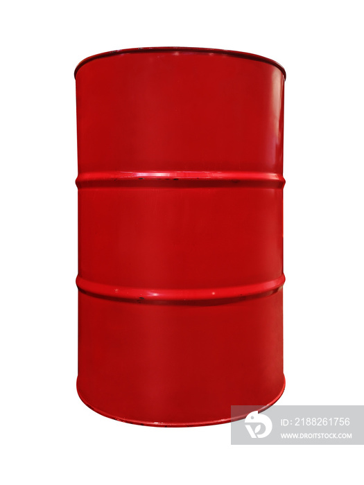 Red color metal oil barrel, isolated on white background. Red metal oil drum isolated on white background. Black gold. Oil barrel