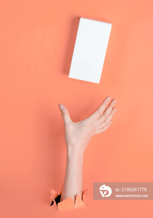 Female hand takes white box through torn pink paper. Minimalistic creative fashion concept