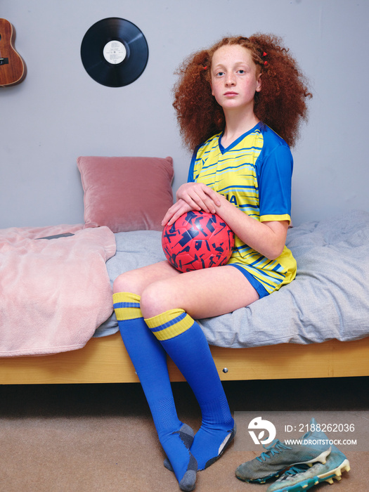 Girl in sports clothing sitting on bed