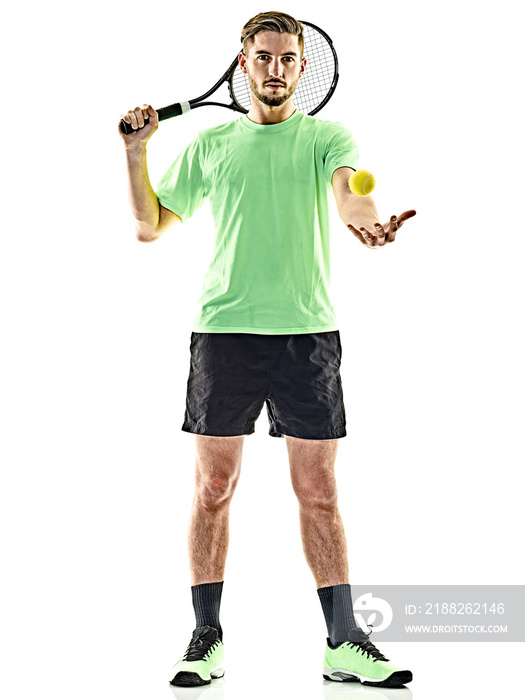 one caucasian  man playing tennis player isolated on white background