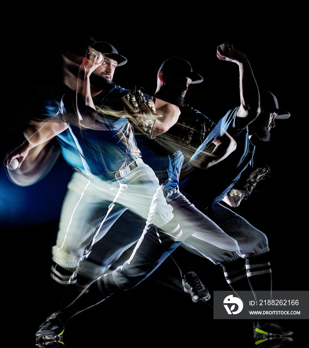 one caucasian baseball player man  studio shot isolated on black background with light painting speed effect