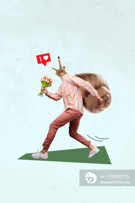 Vertical collage illustration of running person snail shell head hold tulips flowers like notification isolated on painted background