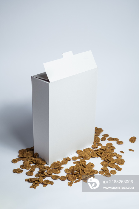 White generic cereal box, studio shot. Blank carton instant breakfast package, vertical view on white background