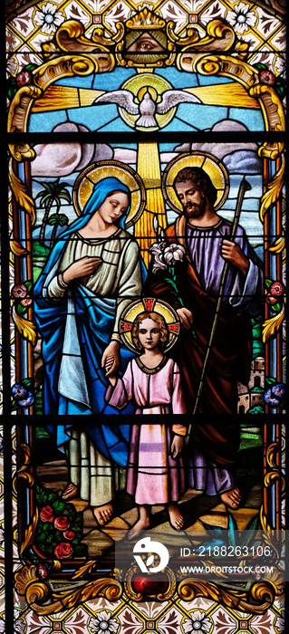 Holy Family, stained glass window in the Parish Church of the Visitation of the Virgin Mary in Zagreb, Croatia