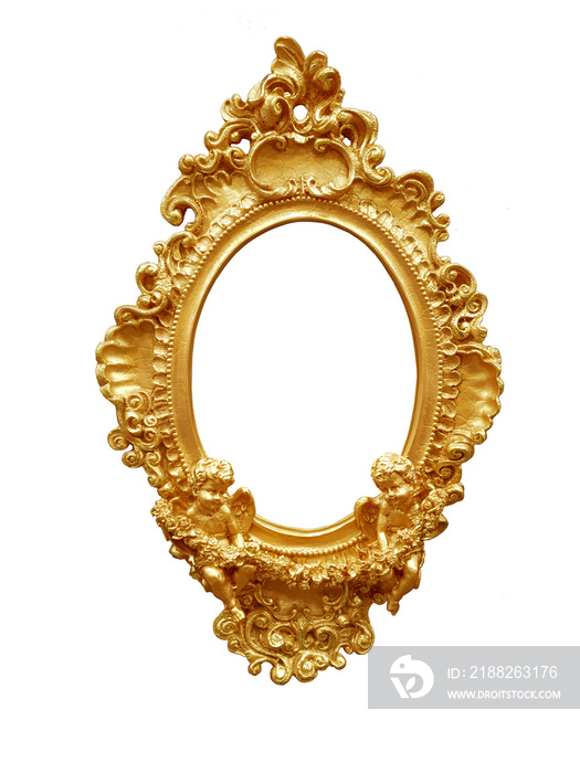 Golden oval vintage frame isolated on white background