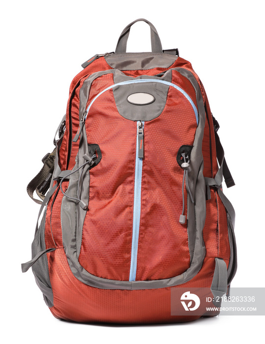 Modern tourist’s backpack on white background