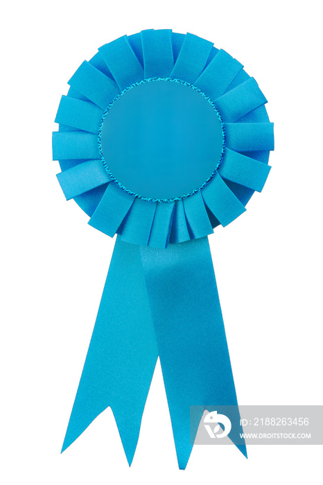 Achievement, certificate of quality and winner conceptual idea with blue satin award ribbon with copy space on the fabric isolated on white background and clipping path cutout