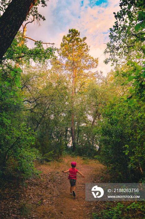boy running down a trail in the woods with big trees in the background