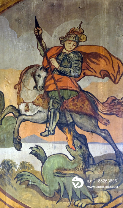 Saint George slaying the dragon, altarpiece in the Church of the Saint Barbara in Velika Mlaka, Croatia