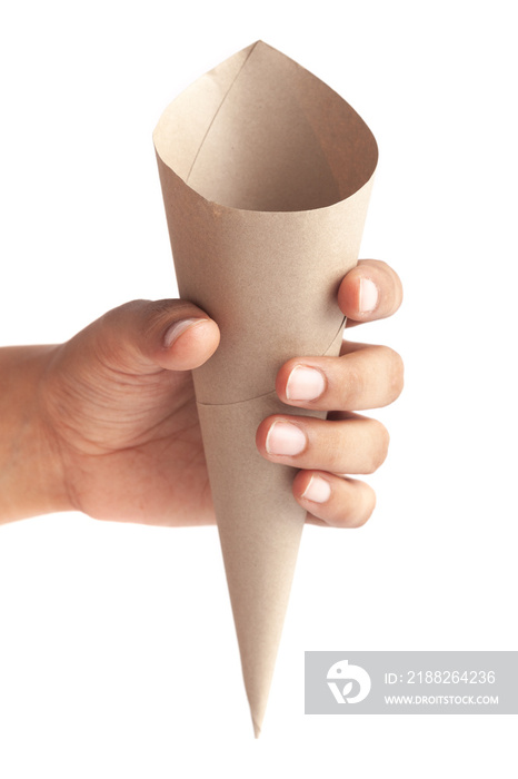 Close-up of empty brown(khaki ) color  Paper cone bag, snack packaging, craft paper for wrapping fries and nuggets in street food,  brown paper cone holding in hand isolated over white