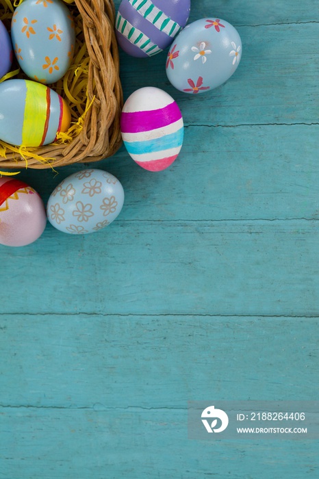 Various Easter eggs arranged in wicker basket