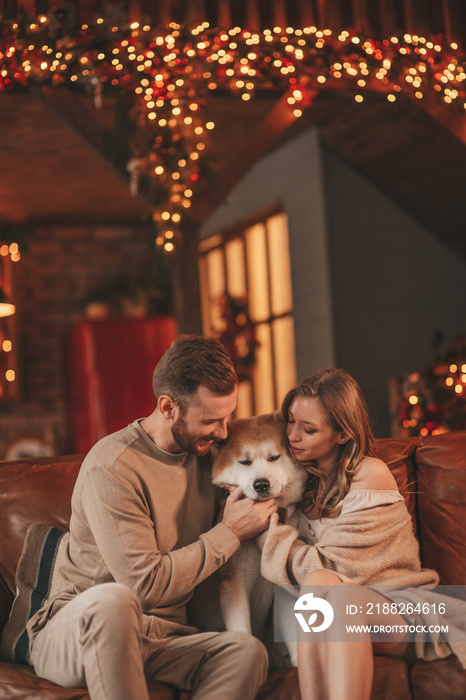 Candid authentic happy married couple spends time together with japanese dog at Xmas lodge