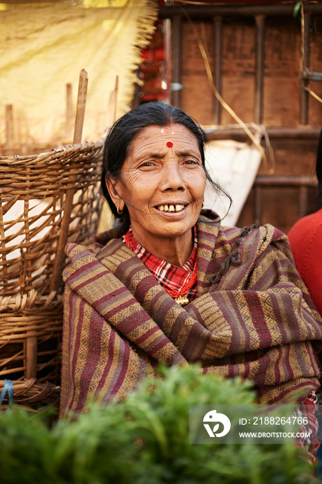 Portrait of mature female street trader, Thamel, Kathmandu, Nepal