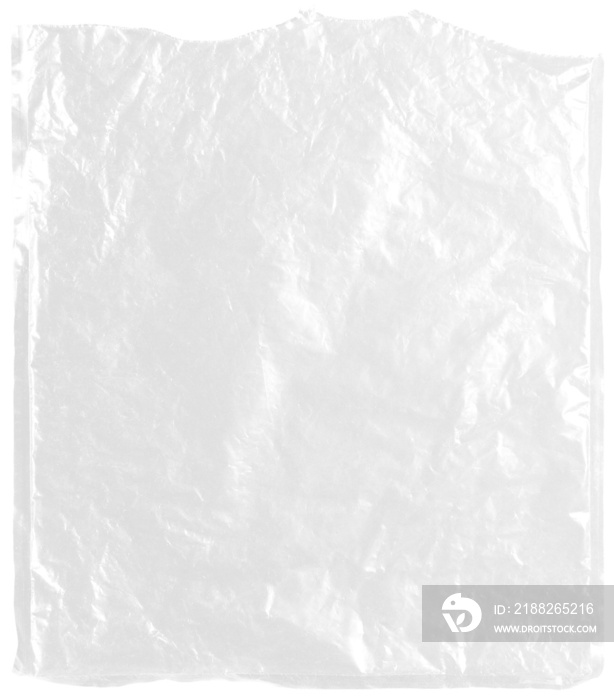 plastic transparent cellophane bag on white background. The texture looks blank and shiny. The plastic surface is wrinkly and tattered making abstract pattern.