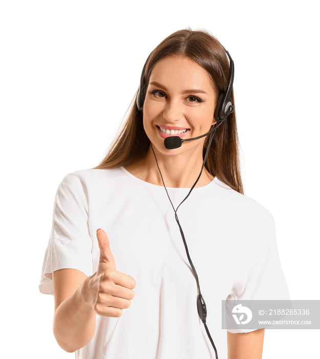 Female technical support agent showing thumb-up gesture on white background