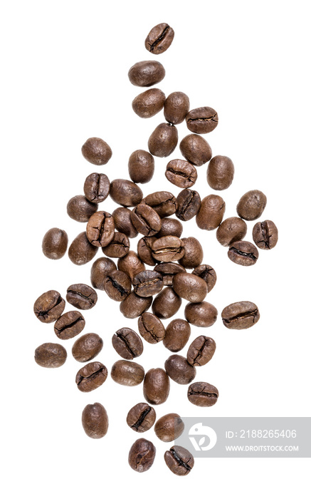 Coffee beans isolated on white background. Top view. Flat lay. Coffee beans flow in air, without shadow.