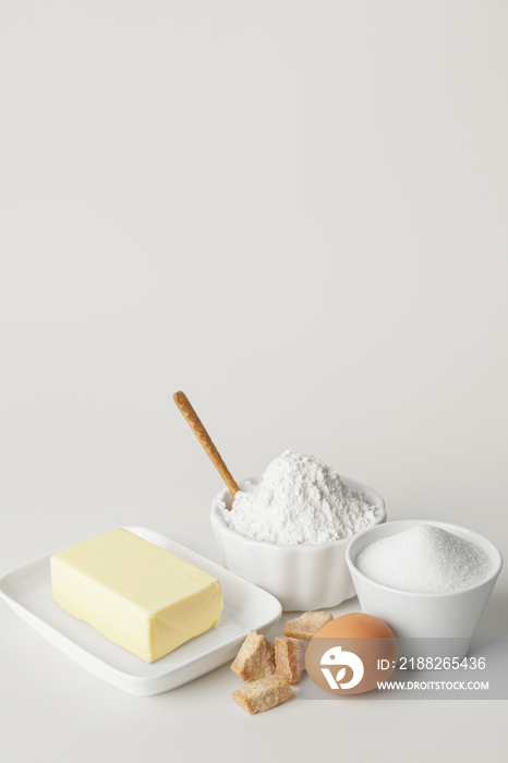 Ingredients for preparing bakery on white background